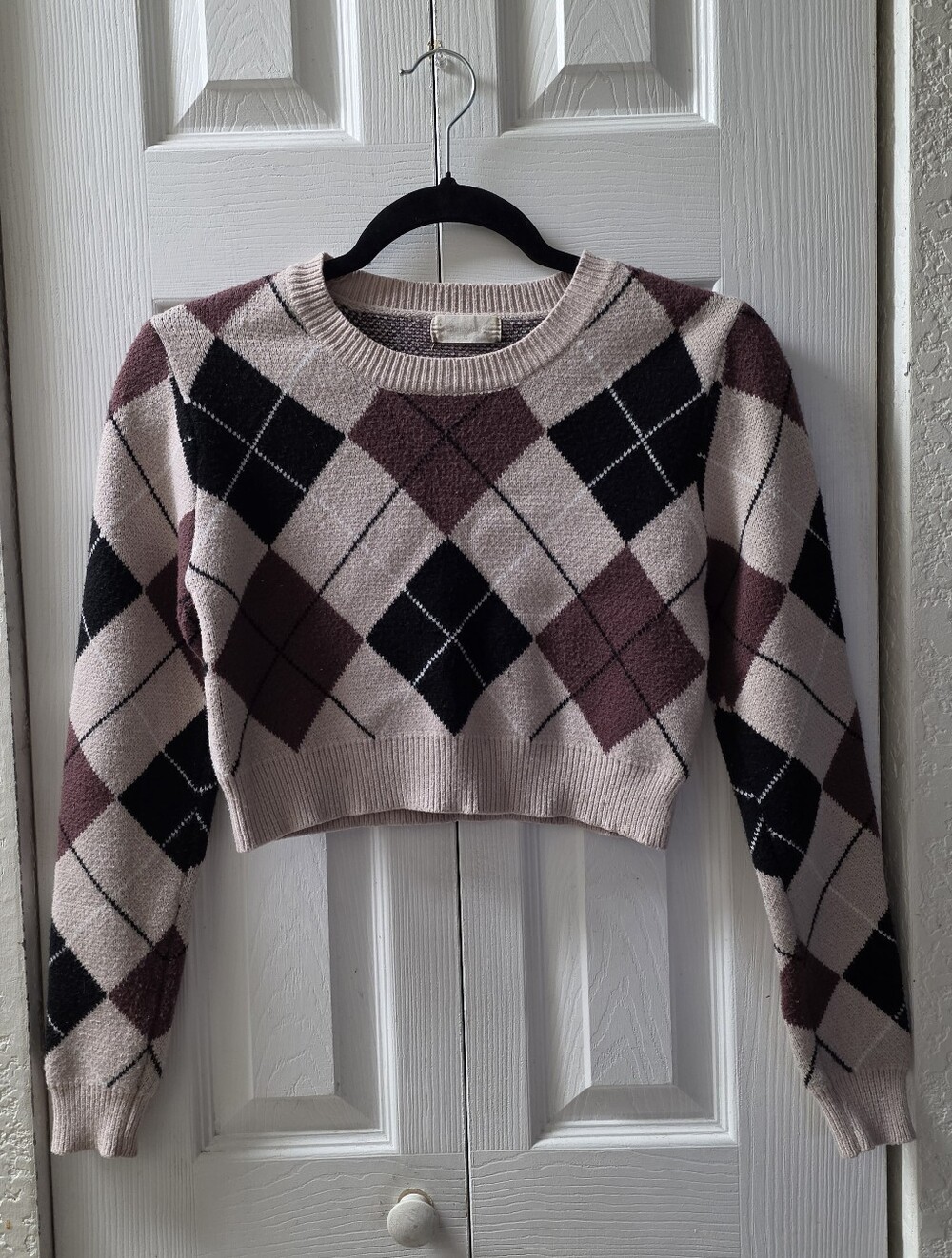 Altar'd State Brown, Black Cropped Argyle Crew Sweater XS
